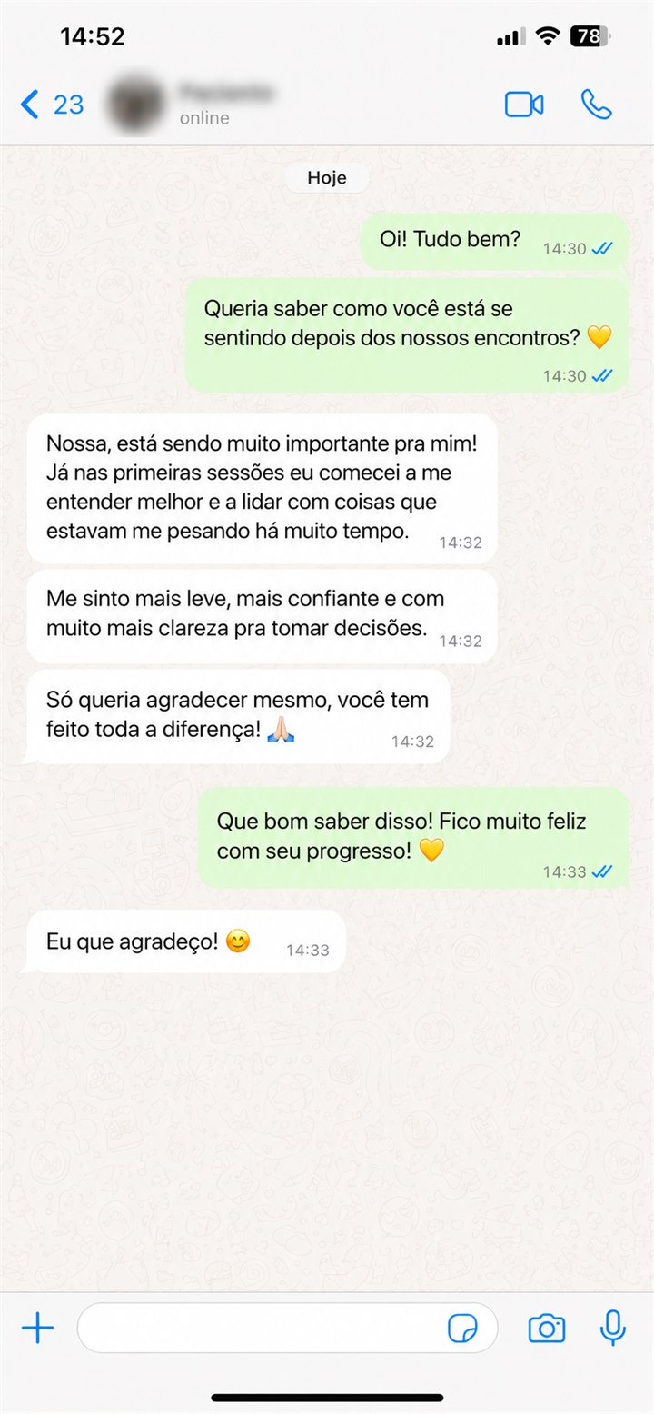 Depoimento de paciente no WhatsApp - Mais leveza e clareza